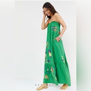 Anthropologie Ruffled Strapless Maxi Dress with Floral Embroidery XS
